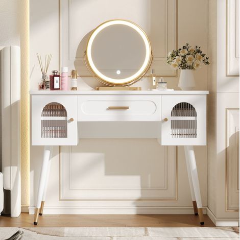 Coiffeuse LED avec miroir, 1 tiroir, 2 portes, blanche et dorée HAVRYA (1/5)