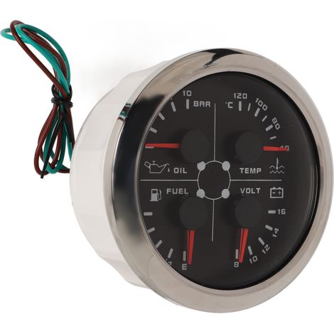 Manomètre multifonction 4 en 1 de 85 mm : niveau de carburant, pression d'huile, température d'eau, voltmètre, CC 9-32 V, pour voiture, camping-car, bateau, moto, noir et argent, °C/bar (1/5)