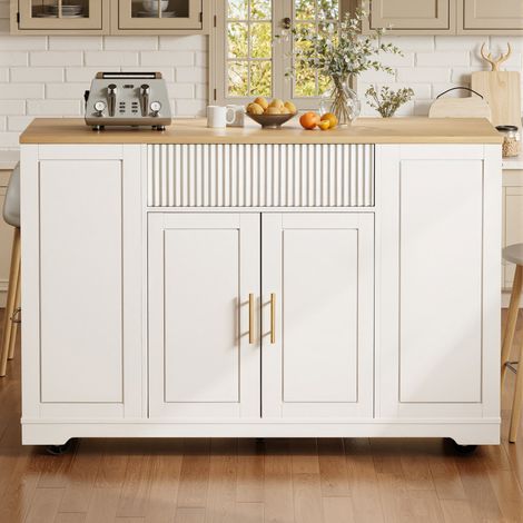 Meuble îlot cuisine 120x50x92 cm 2 portes 3 tiroirs roulettes MDF pratique rangement table bois finition blanche élégante (1/5)
