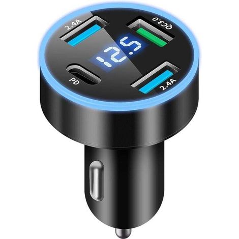 Caricabatterie da auto rapido USB-C a 4 porte, adattatore con spina QC3.0 e PD da 50 W, caricabatterie da auto USB per telefono, ricarica rapida con voltmetro LED per iPhone, Android, Samsung - Crezuo