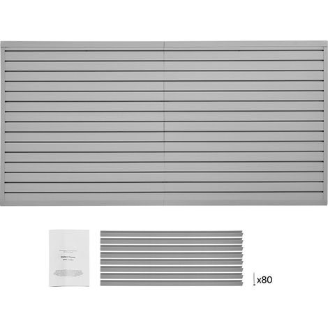 Panneau mural à lattes PVC 8x4 pi gris, avec accessoires, installation facile, structure à couplage, découpe DIY, pour rangement et étalage. (1/5)