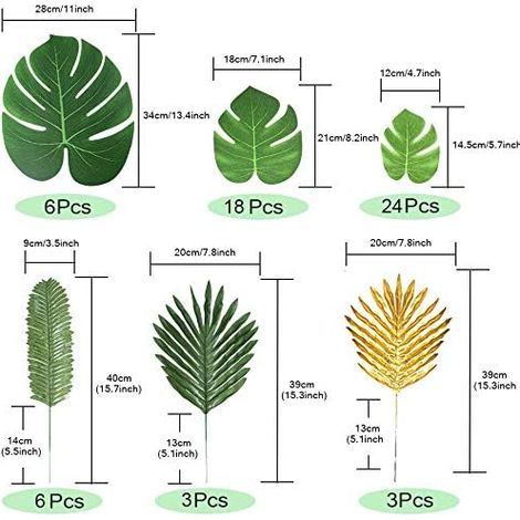 Lot de 72, Feuilles Artificielles de 6 Types Différents Enthur, Imitation de Plantes Tropicales pour Décoration de Table, de Fêtes Hawaïennes, Structure stable qui tient en place même par vent soutenu (1/5)