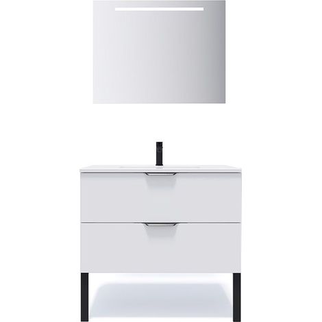 Meuble de salle de bain suspendu vasque intégrée 90cm 2 tiroirs Blanc + miroir - Soho (1/5)