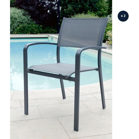 Lot de 2 Fauteuils de jardin empilables en aluminium et textilène Milos Anthracite - Jardiline (1/4)