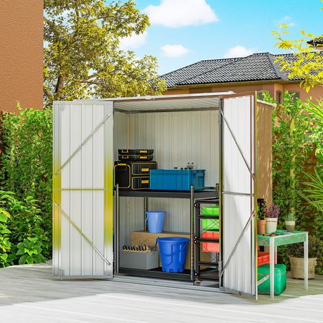 Cobertizo de Jardín Exterior Metálico 1,37 m² 163x89x163 cm con Techo Inclinado, Puertas con Pestillo y Guantes Marrón (1/5)