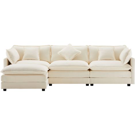 Sofá esquinero L moderno de chenilla beige 3 plazas con reposapiés HOMVRA (1/5)