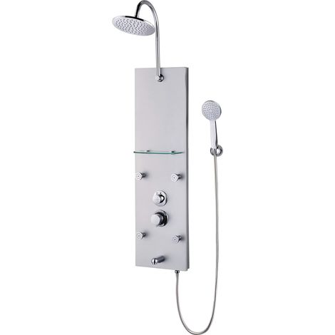 Colonne de Douche Hydromassante, Picots Anticalcaire, 4 Sorties de Massage, Bec de Bain, Étagère en Verre, Flexible 1,50 m, Aluminium (1/3)