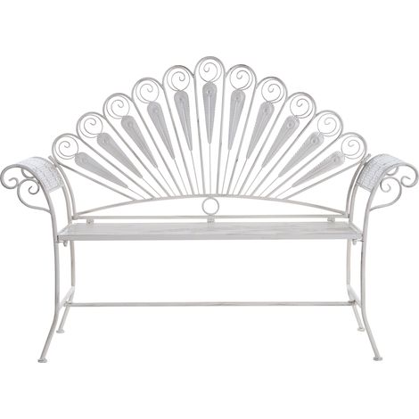 Banco de jardín vintage de metal y hierro con 2 plazas con reposabrazos efecto desgastado blanco crema Pavia