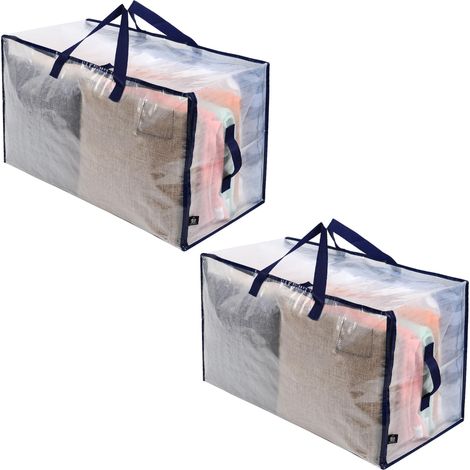 Lot de 2 Grands Sac de Rangement avec Couvercle et Poignées Renforcées, Cartons Déménagement de 102 L Résistant pour Rangement des Vêtements et voyages, Sac à Linge (Transparent, Lot de 2) (1/5)
