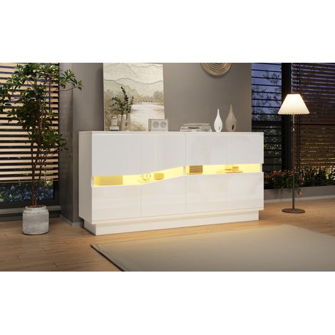 Sideboard 140x35x70 cm aus Spanplatten Weiß mit LED und praktischem Stauraum – MEUBLIV (1/5)