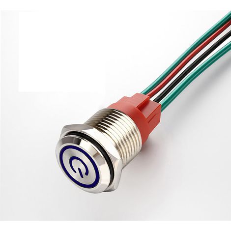 220 V/15A Interrupteur à Bouton-Poussoir à Verrouillage NO Lumière LED Bleue Etanche Illuminé 19mm Bouton-Poussoir de Démarrage en Métal avec Fil de Prise (1/5)