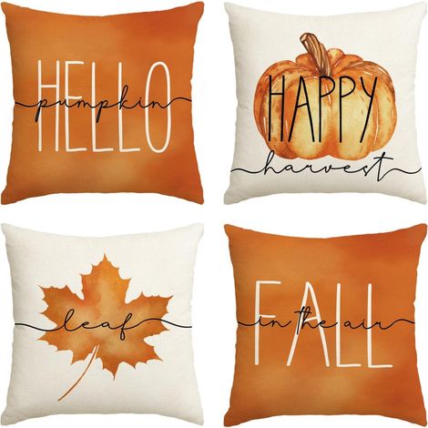 Housse De Coussin - Polyester - Motif Feuille D'érable Et Citrouille - 45 X 45 Cm - Pour Canapé Chaise Lit - Lot De 4 (1/5)