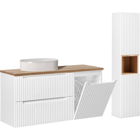 Conjunto de mueble con lavabo simple de 120 cm, cesto para la ropa, 2 cajones y columna «Riva» en blanco y madera (1/5)