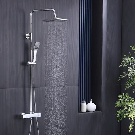 Aihom – Colonne de douche hydromassante thermostatique chromée – Hauteur réglable 1006-1206mm – Pomme pluie carrée 9 pouces – Sécurité anti-brûlure 38°C (1/5)