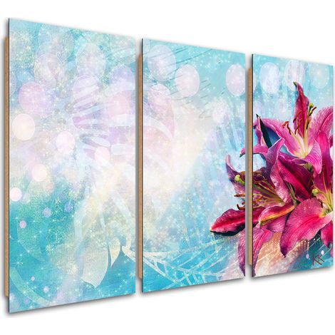 Quadro deco panel 3 paneli, Fiori rosa su uno sfondo blu - 90x60 (1/5)