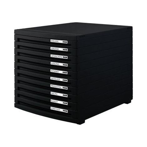 Schubladenbox CONTUR 10 Schubladen DIN A4 DIN B4 DIN C4 Polystyrol Gehäusefarbe: schwarz Farbe der Schublade: schwarz (1/4)