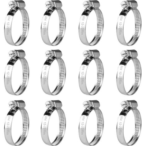 12 Pcs Collier de Serrage Tuyau Réglable 12-22 mm, Collier de Serrage en Acier Inoxydable, Colliers de Serrage à Vis Metallique, Boulons Collier Durite pour Tuyaux de Essence Diesel Piscine (1/5)