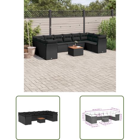 The Living Store 11-tlg. Garten-Sofagarnitur mit Kissen Schwarz Poly Rattan - Gartenmöbel - Outdoor Möbel - Rattan Gartenmöbel - Lounge Set - Esstisch (1/3)