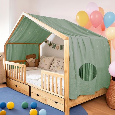 Housse de couette avec application dorée, fabriquée à la main en mousseline 100 % coton, ciel de lit pour décoration de lit, convient pour filles et garçons (eucalyptus, 132 x 420 cm) (1/5)
