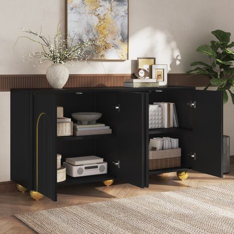 Buffet bas 4 portes, 140x40x74 cm,Meuble de rangement pour salon salle à manger et entrée, art déco avec arches dorées et pieds boules en métal, Noir (1/5)