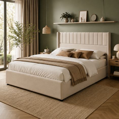 Lit 160x200 coffre, lit double, lit adulte en hydraulique, Cadre de Lits Capitonnée 2 Personnes, tête de lit en lin, MDF, sans matelas (1/5)