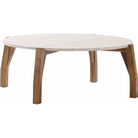 Table basse ronde en travertin et teck - naturel et crème (1/4)
