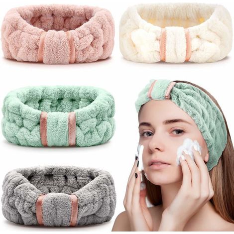 BelleRise - Lot de 4 bandeaux en microfibre, bandeaux spa pour le visage, bandeaux maquillage, serviettesextensibles (rose, vert, blanc et gris) (1/5)