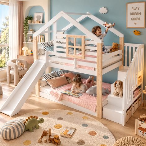 JOOKGBD-Letto a Castello Casa per Bambini 90×200cm con Scivolo Divertente, Scala di Stoccaggio Integrata, Parapetti Rinforzati, Struttura in Legno Massello Bianco e Naturale per Camera dei Bambini (1/5)