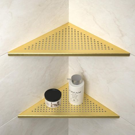Etagere Douche Angle Lot de 2, étagère de douche d'angle en acier inoxydable 304, etagere angle salle de bain 254mm, pour mur carrelé, sans perçage, Golden (1/5)