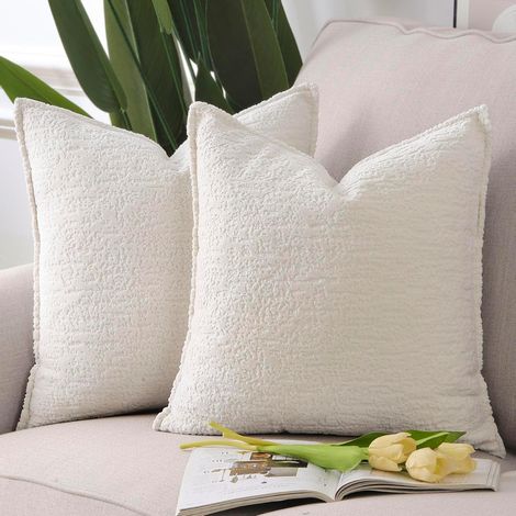 2er Set Chenille Samt Kissenbezüge mit Rand Dekorativ Weiche neutrale Wurfkissen für Sofa Boho Akzent Zierkissenbezüge für Schlafzimmer Wohnzimmer Weiß 45x45 cm (1/5)