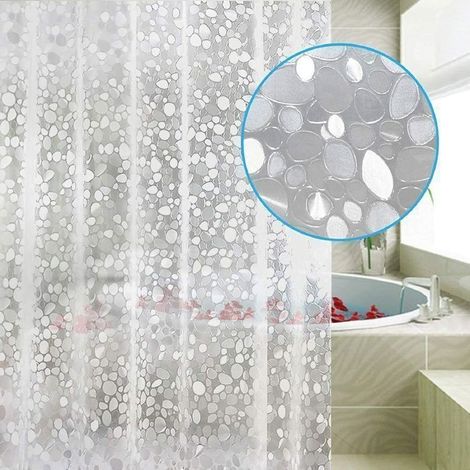 (Blanc)Rideau de douche 180x180cm, résistant à la moisissure, imperméable, avec 12 anneaux, motif galets 3D, semi-transparent, EVA (1/5)