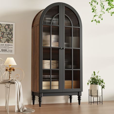 Vitrinenschrank MDF schwarz 76x35,5x165 cm mit Glastüren, mehreren Fächern und Holzfüßen (1/5)
