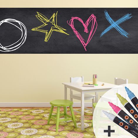 Sticker ardoise tableau noir - stickers muraux adhésif effaçable - ARDOISE GÉANTE 200X60 CM ET 4 CRAIES LIQUIDES (1/5)