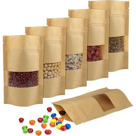 50 bolsas de papel, fondo plano, ventana transparente, cierre de cremallera, 10x15x3,5 cm, para guardar té y aperitivos. (1/5)
