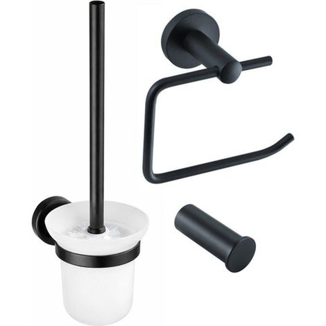 Fortifura Calvi Pack WC 3 pièces - porte-rouleau sans couvercle - brosse de toilette - crochet à serviette simple rond - Noir Mat (1/5)