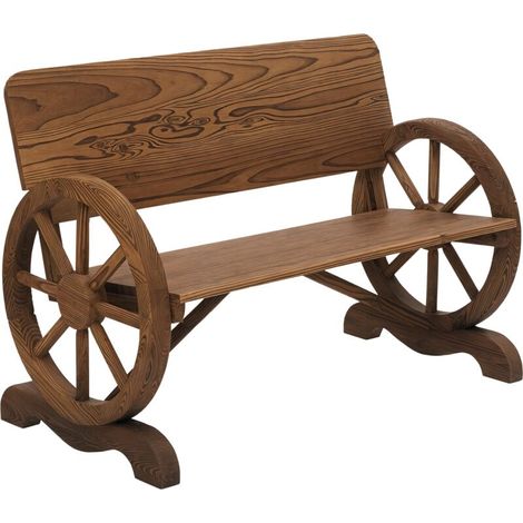 Banc de jardin 2 places, en bois massif avec accoudoirs, design inspiré des roues de chariot, mobilier de jardin, charge maximale 250 kg, style rustique, 114 x 58 x 80 cm, marron (1/5)