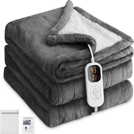 Couverture Chauffante Flanelle, 130X180CM Plaid Chauffant Électrique avec 8 Températures, Minuterie 12H, Chaleur Rapide, Protection Contre la Surchauffe (Gris Clair, 130x180cm) (1/5)