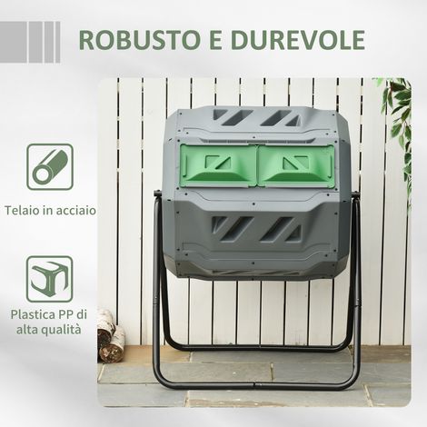 Composteur rotatif double bac 8 évents, acier et polypropylène, 71x65x96 cm, gris pour jardin.