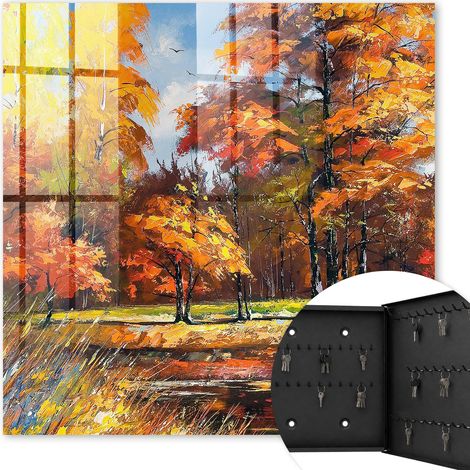 Armoire à clés - (30 cm x 30 cm) - Boîte à clés murale - Coffret de rangement pour clés - Couleur noire - Ouverture vers la droite - Pour maison et bureau - paysage d'automne