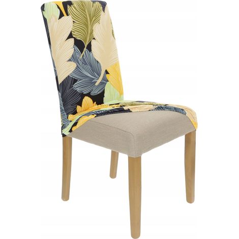 HOUSSE DE CHAISE BEIGE MOTIF FEUILLES JAUNES ÉLASTIQUE [21CA] (1/5)