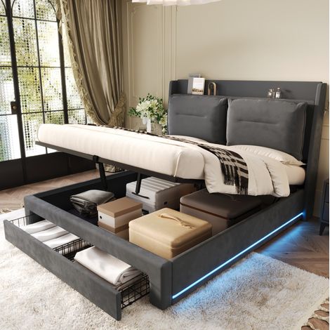 Cama con almacenamiento de terciopelo gris oscuro 140x190 cm, LED ajustable, canapé hidráulico y somier de láminas (1/5)
