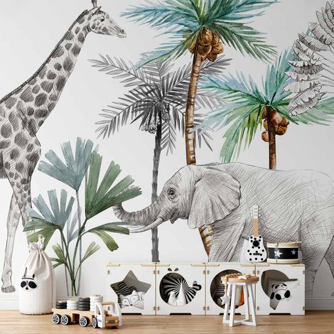 Papier peint photo - Papier peint animaux de la jungle pour une chambre d'enfant style dessin animé (1/5)