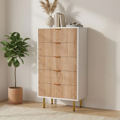 Commode 5 tiroirs, meuble de rangement moderne bicolore, pieds métal doré, chambre, meuble salon entrée, 100x73x34 cm - Blanc