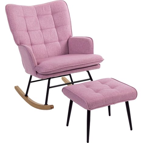 Fauteuil à bascule avec avec repose-pieds pliable 130 kg rose pour salon repose-pieds, coussin rembourré, accoudoirs, dossier haut, bois, capacité charge (1/5)