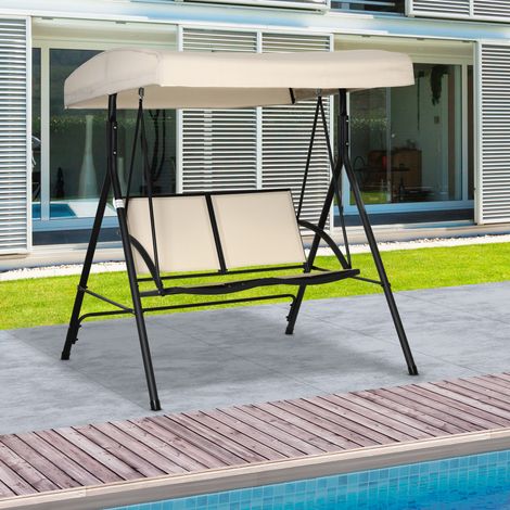 2-Sitzer-Gartenschaukel mit verstellbarem Dach und Stahlrahmen, Sitze aus Textilene, 140 x 118 x 162 cm, Beige