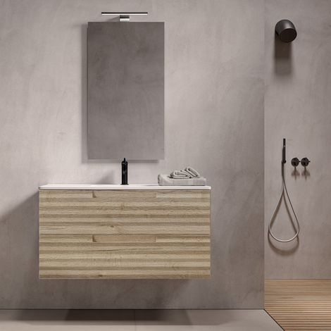 Mobile bagno sospeso 100cm rovere alba ondulato zen, selezione accessori senza specchio