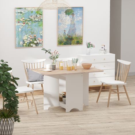Table console pliante avec étagère de rangement. Design bois et blanc - 118x80x72 cm - idéale comme table basse pour salon et cuisine.