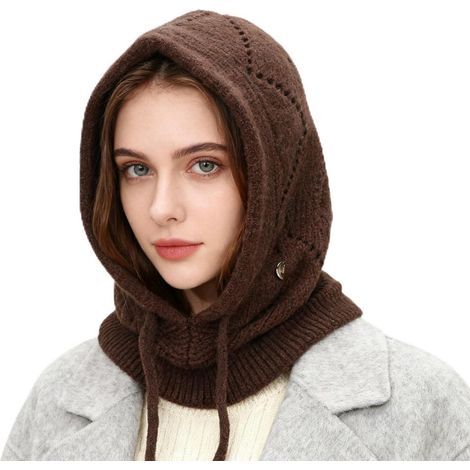Damen Thermo Kapuzenschal 2in1, warm, winddicht, elastisch, Strickmütze mit Nackenwärmer (1/5)