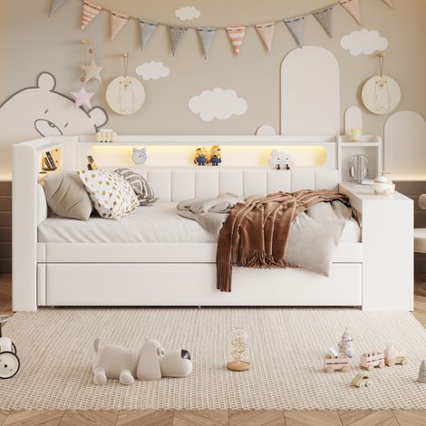 Lit blanc escamotable 90x200 cm avec bureau intégré, bande lumineuse LED et ports USB, canapé-lit rembourré