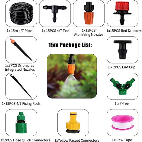 Kit d'irrigation goutte à goutte et brumisation à monter soi-même de 15 m (49 pi) avec tuyau, buses réglables, raccords rapides et système d'arrosage automatique pour plantes en pot, serre, patio, pel (1/2)